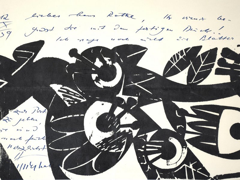Brief von HAP Grieshaber an Wolfgang Rothe, 12.10.1959, Holzschnitt, Privatsammlung. © VG Bild-Kunst Bonn, 2023