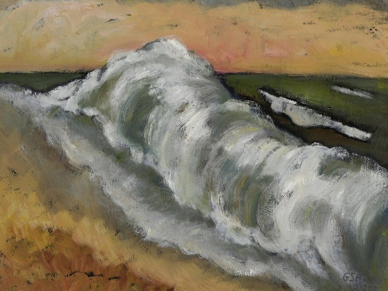Gude Schaal, Brecher am Ufer, 2001. Öl auf Hartfaser, 80 x 60 cm, Kunstmuseum Reutlingen. Foto: Stefan Kuhn, © Nachlass Gude Schaal.