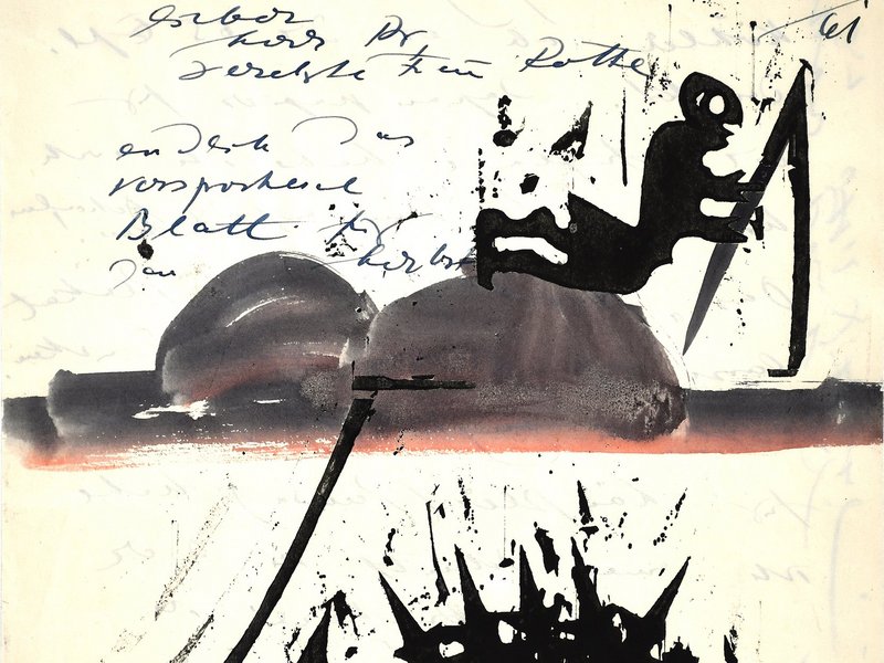 HAP Grieshaber, „Brief an Maria und Wolfgang Rothe vom 21.07.1961“, Holzschnitt und Aquarell, Privatsammlung. © VG Bild-Kunst, Bonn 2021.
