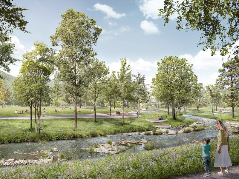 Bild: Visualisierung des Blicks über die Erms auf die Kurparkwiese | © Planorama, Berlin