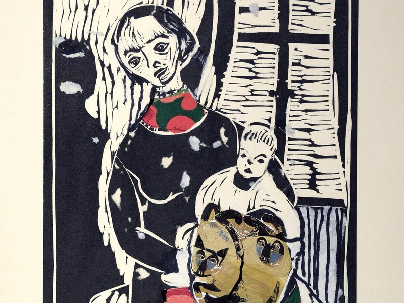 Gude Schaal, „Mutter mit Kind – mit HAP Grieshaber Siamkatzen“, 1977/1999. Linolschnitt und Collage, 42 x 29,7 cm , Nachlass Gude Schaal, Foto Kunstmuseum Reutlingen, © Nachlass Gude Schaal
